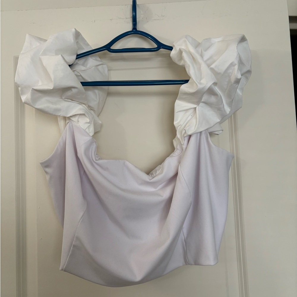 Eloquii Off The Shoulder Puff Sleeve Top White Rib 3X Shirt 22 24 Plus Blouse